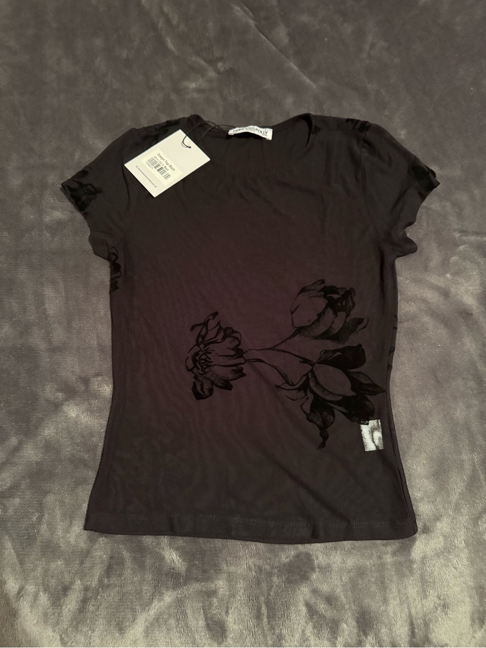 Princess Polly Black Short Sleeve Mesh Floral Tee